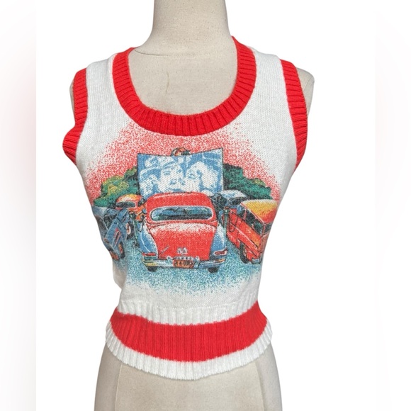 Vintage Jackets & Blazers - 1970s Pandora 100% Orlon Acrylic Drive-In Movie Scene w/Classic Cars Sweater Ves